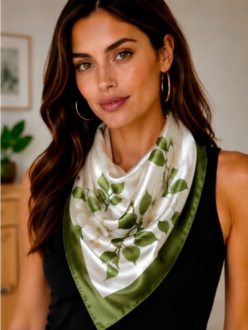 Silky Floral Square Scarf in Olive Green & Ivory